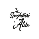Logo élégant, texte noir cursif "La Spaghetteria Aldo" sur fond blanc, ambiance restaurant.
