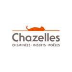 Logo Chazelles : chat orange, ligne, nom, spécialités cheminée en gris sur fond blanc.