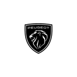 Peugeot : lion rugissant stylisé dans un blason, nom en majuscules, fond gris clair épuré.