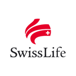 Logo Swiss Life : ruban rouge, croix blanche, texte noir "SwissLife" sur fond gris clair.