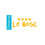 Logo : rectangle bleu, "Camping", quatre étoiles jaunes, "Le BOSC" manuscrit sur fond blanc.