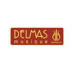 Logo rectangulaire bordeaux, "DELMAS musique" en jaune ; côté droit : lyre jaune sur "PERPIGNAN", fond blanc.