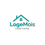 Icône maison turquoise, "LogeMois" en gras, slogan "Louez-Facilité." centré sur fond blanc.