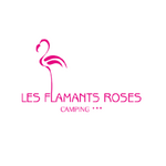 Flamant rose minimaliste au-dessus de "LES FLAMANTS ROSES" et "CAMPING..." en rose sur fond blanc.