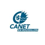 Logo Canet-en-Roussillon : C stylisé, carte, soleil, vagues, CANET bleu en gras sur fond blanc.