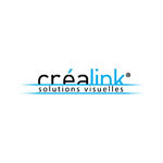 Logo créalink solutions visuelles : texte noir et bleu, double soulignement bleu, fond blanc épuré.