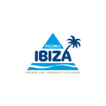 Logo triangulaire, palmier bleu, "Piscines Ibiza", slogan jaune en dessous sur fond blanc.