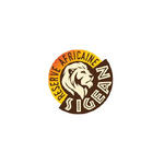 Logo rond, lion stylisé blanc, "Réserve Africaine Sigean" en lettres bold sur fond jaune et brun.