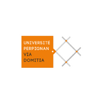 Logo Université Perpignan : carré orange, texte blanc, losange, lignes croisées grises et orange.