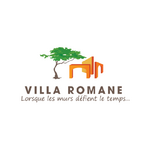 Logo avec arbre stylisé et arches orange, texte "VILLA ROMANE" et slogan sur fond blanc.